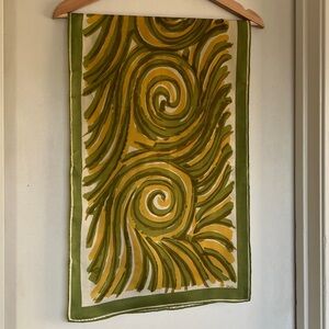 Vintage Vera Neumann Olive Green Gold Swirl Scarf Mid Century Modern Abstract